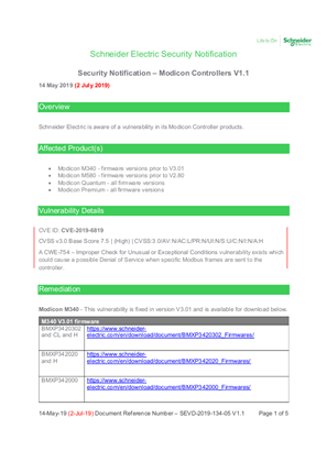 Security Notification - Modicon Controllers V1.1