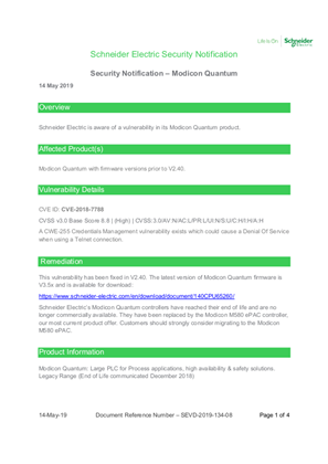 Security Notification - Modicon Quantum