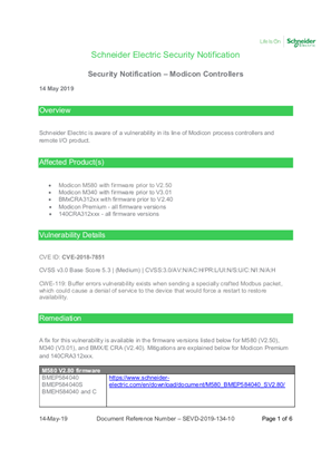 Security Notification - Modicon Controller