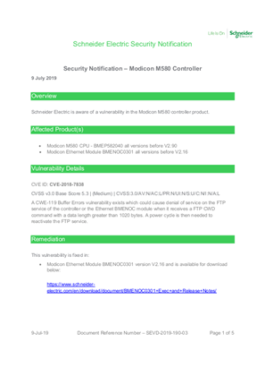 Security Notification - Modicon M580 Controller