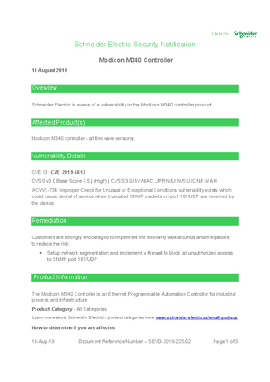 Security Notification - Modicon M340 Controller