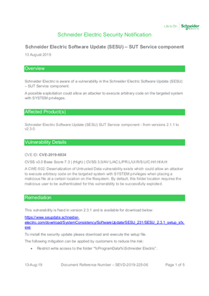 Security Notification - Schneider Electric Software Update (SESU) – SUT Service component