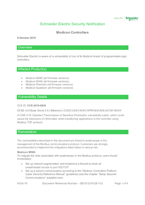 Security Notification - Modicon Controllers