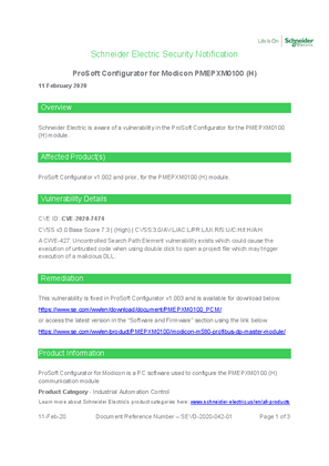 Security Notification - ProSoft Configurator for Modicon PMEPXM0100 (H)
