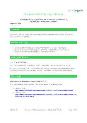 Security Notification - SEVD-2020-070-02 Modicon Quantum Ethernet Network module and Quantum / Premium COPRO