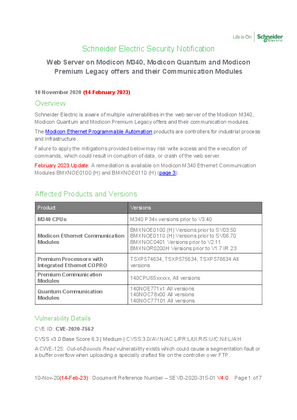 Security Notification - SEVD-2020-315-01 Web Server on Modicon M340, Modicon Quantum and Modicon Premium Legacy offers and their Communication Modules