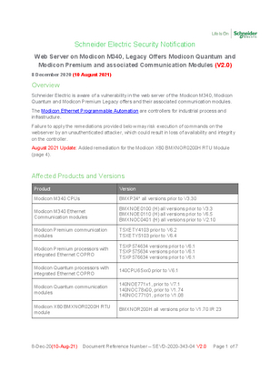 Security Notification - Web Server on Modicon M340, Legacy Offers Modicon Quantum and Modicon Premium and associated Communication Modules (V2.0)