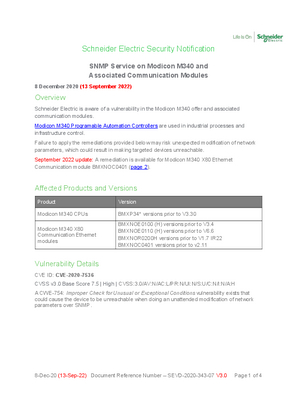 Security Notification - SEVD-2020-343-07 SNMP Service Modicon M340 CPU