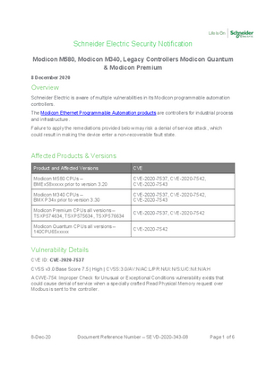 Security Notification - Modicon M580, Modicon M340, Legacy Controllers Modicon Quantum & Modicon Premium