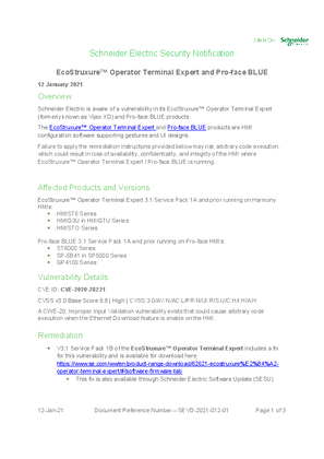 Security Notification - EcoStruxure™ Operator Terminal Expert and Pro-face BLUE