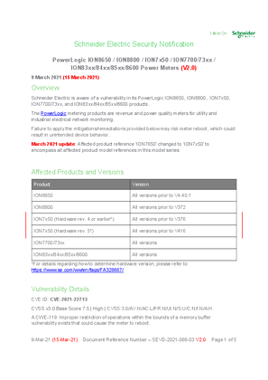 Security Notification - PowerLogic ION8650 / ION8800 / ION7x50 / ION7700/73xx / ION83xx/84xx/85xx/8600 Power Meters (V.20)