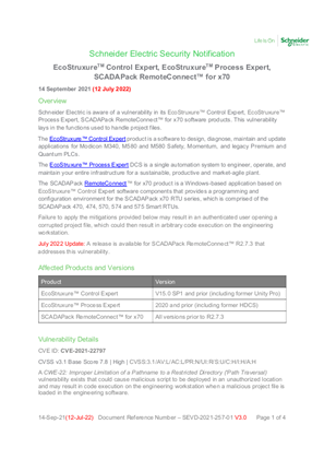 Security Notification - EcoStruxure™ Control Expert, EcoStruxure™ Process Expert, SCADAPack RemoteConnect™ for x70