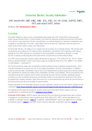 Obrázek Security Notification - SEVD-2022-067-02 APC Smart-UPS SMT, SMC, SMX, SCL, SRC, XU, XP, CHS2, SURTD, SMTL, SRT, and select SRTL Series