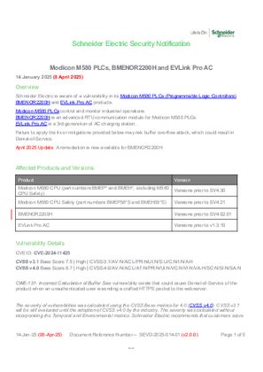 Slika linije SEVD-2025-014-01 Modicon M580 PLCs, BMENOR2200H and EVLink Pro AC Security Notification