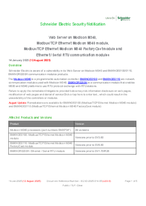 Image of SEVD-2025-014-05 Web Server on Modicon M340 and BMXNOE0100/0110, BMXNOR0200H Communication Modules Security Notification