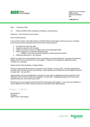 Image of SE ASCO Dec 2020 Price Adjustment Letter