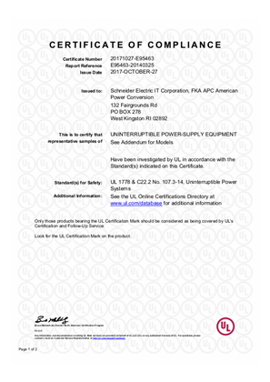 Image of Galaxy VM 160kVA/180kVA/225kVA UL 1778 & C22.2 No. 107.3-14 Letter Of Authorization