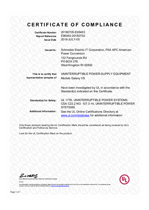 Image of Galaxy VS UL 1778 Certificate of Compliance