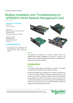 Image of Modbus Installation and Troubleshooting for AP9635/41/43/44 Network Management Card
