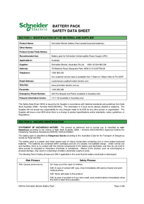 Görüntüsü RBC Electric Battery pack containing sealed lead acid batteries Safety Data Sheet AU NZ