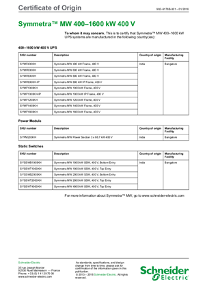 的映像 Symmetra MW 400-1600 kW 400 V Certificate of Origin