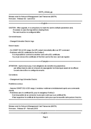 Image of 66074 - MGE Network Management Card Transverse - Release Notes GG