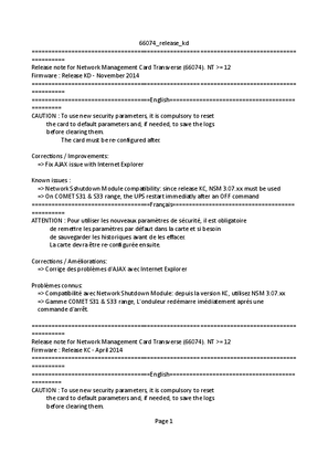Image of 66074 - MGE Network Management Card Transverse - Release Notes KD