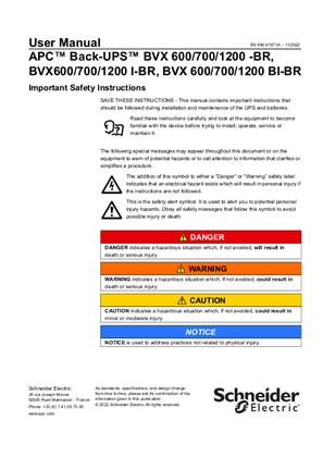 Image of APC Back-UPS BVX 600/700/1200 -BR, BVX600/700/1200 I-BR, BVX 600/700/1200 BI-BR - User Manual