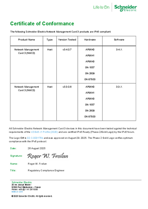 Image of Network Management Card 3 IPv6 Certificate of Conformance