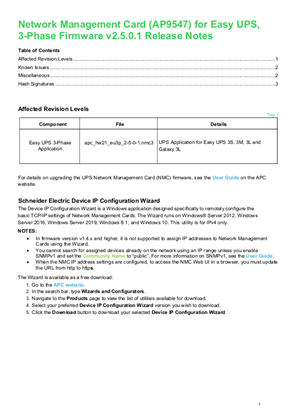 Image de Network Management Card (AP9547) for Easy UPS, 3-Phase Firmware v2.5.0.1 Release Notes