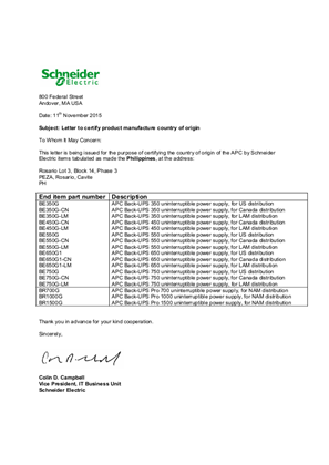 Image of Back-UPS Certificate of Origin