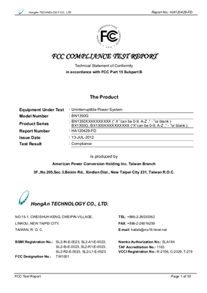 的映像 BN1250G/BX1300G/BR1300G/BX1500G/BR1500G FCC Part15B Certification