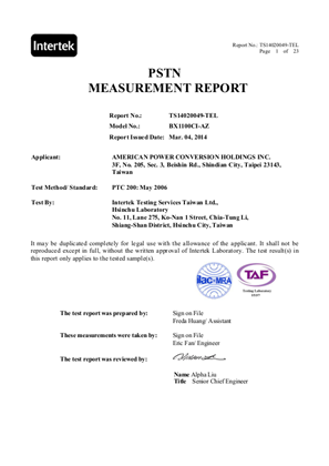的映像 BX1100CI-AZ Telepermit certificate