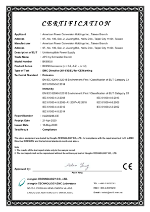 Image of EMC CERTIFICATE REPORT APC BACK-UPS 950VA, 230V, AVR