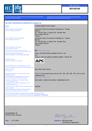 Imagen de CB certificate for APC BACK-UPS 1100/950/1400/800VA 230V, AVR