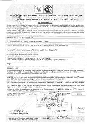 Image of IRAM certificate for BX 650/800/1100