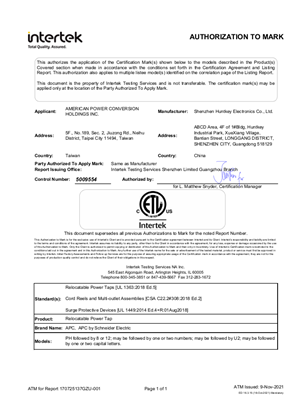 Image of cETLus certificate for APC Home Office SurgeArrest 8/12 Outlets with/without 2 USB charging ports