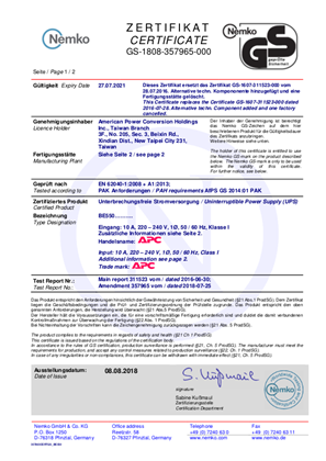 Imagen de GS certificate for Power-Saving Back-UPS ES 8 Outlet 550VA 230V