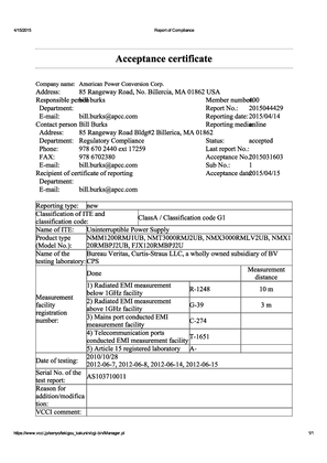 的映像 VCCI test certificate for NEC Smart-UPS 1200VA - 3000VA 100V Black