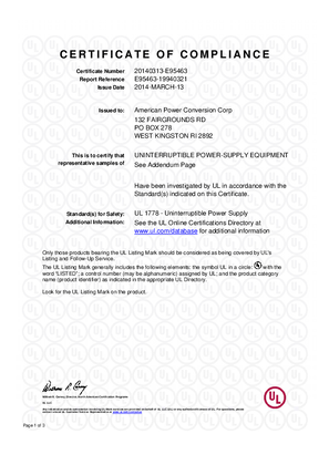 Image of UL Certificate of Approval for Dell Smart-UPS 750/1500/3000VA LCD 100V