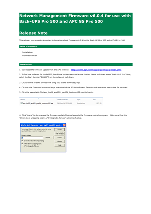 Image of Release Notes - Network Management Firmware v6.0.4 for use with Back-UPS Pro 500 and APC GS Pro 500