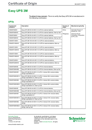 Easy UPS 3M Certificate of Origin APC by Schneider electric