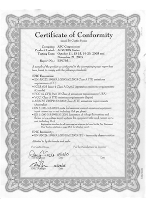 Image of EMC Certificate of Conformity for InRow RC Products
