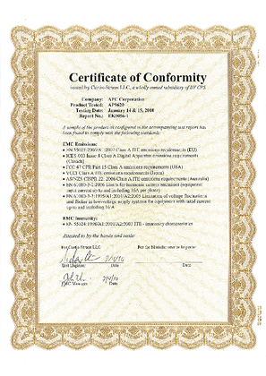 的映像 AP9620 Legacy Communication Card (LCC) CE, FCC, VCCI, ICES Certificate of Compliance