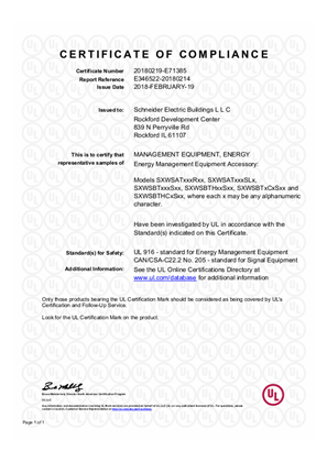 Image of SXWS Series Living Space Sensors - UL 916 Certificate of Compliance