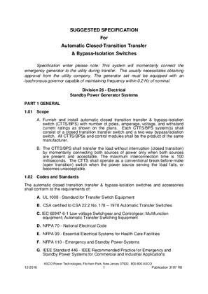 Suggested Specification for Automatic Closed Transition Transfer and Bypass-Isolation Switches