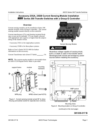 Imagen de Installation Manual | ASCO SERIES 300 Group G Controller Accessory | 23GA / 23GB Current Sensing Module | 381339-317