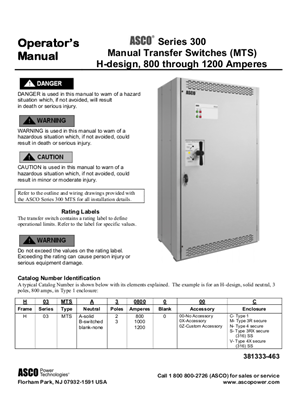 Image of Operator's Manual | ASCO SERIES 300 Manual Transfer Switch (MTS) | 800-1200 Amps | H Frame | 381333-463