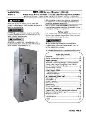 Imagen de Installation Manual | ASCO 4000 SERIES Automatic Transfer Switch (ATS/NTS/ATB) | 150-600 Amps | J Frame | 381333-445