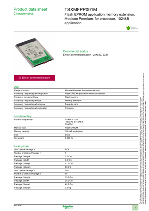 Image of Flash EPROM application memory extension, Modicon Premium, for processor, 1024kB application